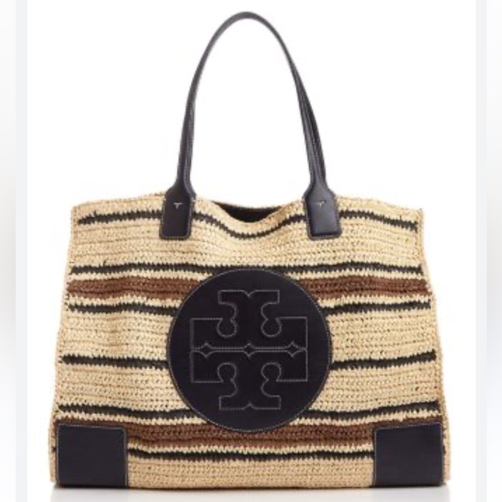 Tory Burch Tan & Black Ella Tote Bag with Leather Accents